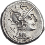 Denarius Pinaria: Pinarius Natta; NAT ROMA obverse image