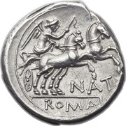 Denarius Pinaria: Pinarius Natta; NAT ROMA, Rome, 157 BC - 155 BC reverse image