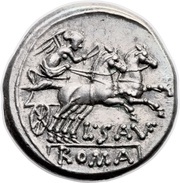 Denarius Saufeia: Lucius Saufeius; L SAVF ROMA, Rome, 152 BC reverse image