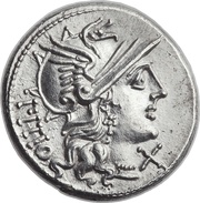 Denarius Sempronia: Lucius Sempronius Pitio; PITIO / L SEMP ROMA obverse image
