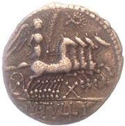 Denarius Tullia: Marcus Tullius; ROMA / M•TVLLI, Rome, 120 BC reverse image