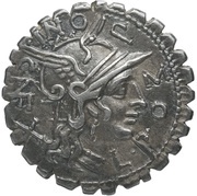 Denarius serratus Pomponia: Lucius Pomponius; L•POMPONI•CNF / L•LIC•CN•DOM, Rome, 118 BC obverse image
