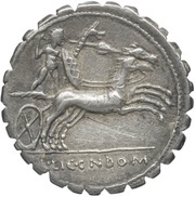 Denarius serratus Pomponia: Lucius Pomponius; L•POMPONI•CNF / L•LIC•CN•DOM, Rome, 118 BC reverse image
