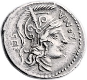 Denarius Manlia: Aulus Manlius Sergianus; ROMA SER / A•MANLI•Q•F obverse image