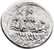 Denarius Manlia: Aulus Manlius Sergianus; ROMA SER / A•MANLI•Q•F, Rome, 118 BC - 107 BC reverse image