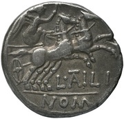 Denarius L. Atilius Nomentanus; L•A͡TILI NOM, Rome, 141 BC reverse image