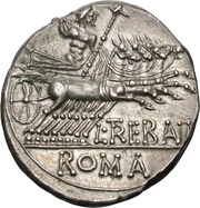 Denarius Trebania: Lucius Trebanius; L•TREBANI ROMA, Rome, 135 BC reverse image