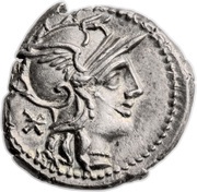 Denarius Minucia: Tiberius Minucius Augurinus; TI MINVCI C AVGVRINI ROMA obverse image
