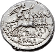 Denarius Maenia: Publius Maenius Antias; P•MAE ANT ROMA, Rome, 132 BC reverse image