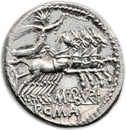 Denarius Aburia: Marcus Aburius Geminus; GEM / M•ABVRI ROMA, Rome, 132 BC reverse image