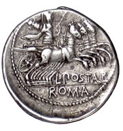 Denarius Postumia: L. Postumius Albinus; L•POST•ALB ROMA, Rome, 131 BC reverse image