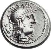 Denarius Opimia: Lucius Opimius; L•OPEIMI ROMA obverse image