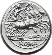 Denarius Opimia: Lucius Opimius; L•OPEIMI ROMA, Rome, 131 BC reverse image