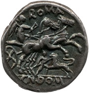 Denarius Cn. Domitius; ROMA CN•DOM, Rome, 128 BC reverse image