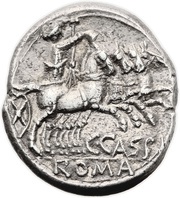 Denarius Cassia: Gaius Cassius; C•CASSI ROMA, Rome, 126 BC reverse image