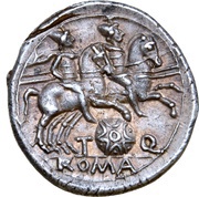 Denarius Quinctia: T. Quinctius Flamininus; T Q ROMA, Rome, 126 BC reverse image