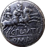 Denarius Plutia: Gaius Plutius; C•PLVTI ROMA, Rome, 121 BC reverse image