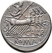 Denarius Papiria: Cn. Papirius Carbo; CARB ROMA, Rome, 121 BC reverse image