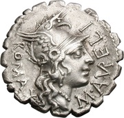 Denarius serratus Aurelia: Marcus Aurelius Scaurus; M•AVRELI ROMA / SCAVRI L•LIC•CN•DOM obverse image