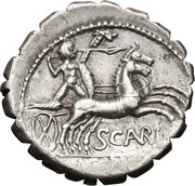 Denarius serratus Aurelia: Marcus Aurelius Scaurus; M•AVRELI ROMA / SCAVRI L•LIC•CN•DOM, Rome, 118 BC reverse image