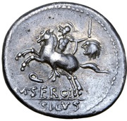 Denarius Sergia: Marcus Sergius Silus; EX•S•C ROMA / Q M•SERGI SILVS, Rome, 116 BC - 115 BC reverse image