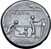 Denarius Licinia: P. Licinius Nerva; P•NERVA, Rome, 113 BC - 112 BC reverse image