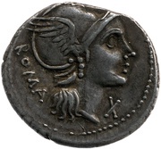 Denarius Flaminia: Lucius Flaminius Cilo; ROMA / L•FLAMINI CILO obverse image