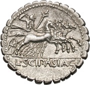 Denarius Cornelia: Lucius Cornelius Scipio Asiaticus; L•SCIP•ASIAG, Rome, 106 BC reverse image