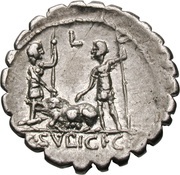 Denarius serratus Sulpicia: Gaius Sulpicius; D•P•P / C•SVLPICI•C•F, Rome, 106 BC reverse image
