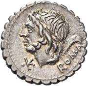 Denarius serratus Memmia: Lucius Memmius Galerius; ROMA / L·M͡EMMI GAL obverse image