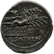 Denarius Appuleia: Lucius Appuleius Saturninus; L•SATVRN, Rome, 104 BC reverse image