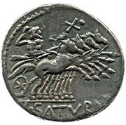 Denarius Appuleia: Lucius Appuleius Saturninus; L SATVRN, Rome, 104 BC reverse image