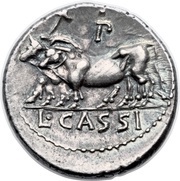 Denarius Cassia: Lucius Cassius Caeicianus; CAEICIAN / L•CASSI, Rome, 102 BC reverse image