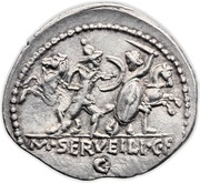 Denarius Servilia: Marcus Servilius; M•SERVEILI•C•F, Rome, 100 BC reverse image
