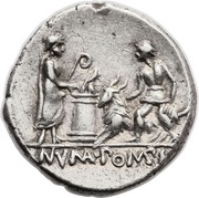 Denarius Pomponia: Lucius Pomponius Molo; L•POMPON•MOLO / NVMA•POMPIL, Rome, 97 BC reverse image