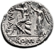 Denarius Caecilia: Lucius Caecilius Metellus; L•METEL•A•ALB•S•F / C•MALL ROMA, Rome, 95 BC - 92 BC reverse image