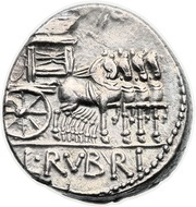 Denarius Rubria: Lucius Rubrius Dossenus; DOSSEN / L•RVBRI, Rome, 87 BC reverse image