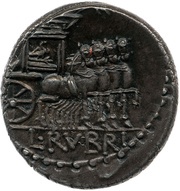 Denarius Rubria: Lucius Rubrius Dossenus; DOS / L•RVBRI, Rome, 87 BC reverse image