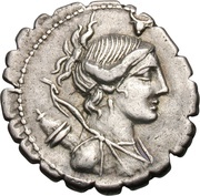 Denarius serratus Postumia: Aulus Postumius Albinus; A•POST•A•F S•N•ALBIN obverse image