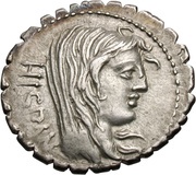 Denarius serratus Postumia: Aulus Postumius Albinus; HISPAN / A•POST•A•F•S•N ALBIN obverse image