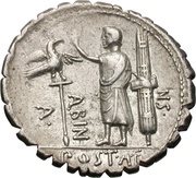 Denarius serratus Postumia: Aulus Postumius Albinus; HISPAN / A•POST•A•F•S•N ALBIN, Rome, 81 BC reverse image