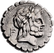 Denarius serratus Volteia: Lucius Volteius Strabo; L•VOL•L•F•STRAB obverse image