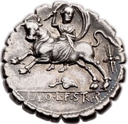 Denarius serratus Volteia: Lucius Volteius Strabo; L•VOL•L•F•STRAB, Rome, 81 BC reverse image