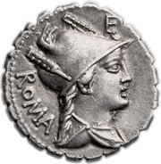 Denarius serratus Poblicia: Gaius Poblicius; ROMA / C•POBLICI•Q•F obverse image