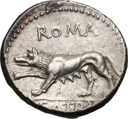 Denarius Satriena: Publius Satrienus; ROMA P•SATRIE NVS, Rome, 77 BC reverse image
