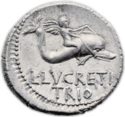 Denarius Lucretia: Lucius Lucretius Trio; L•LVCRETI TRIO, Rome, 76 BC reverse image