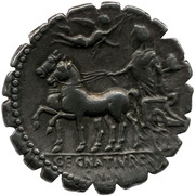 Denarius Serratus Egnatia: Gaius Egnatius Maximus; MAXSVMVS / C•EGNATIVS•CN•F CN•N, Rome, 75 BC reverse image