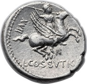 Denarius Cossutia: Lucius Cossutius Sabula; SABVLA / L•COSSVTI•C•F, Rome, 74 BC reverse image
