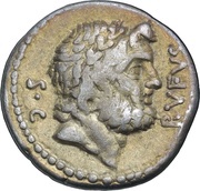 Denarius Pomponia: Quintus Pomponius Rufus; Q•POMPONI RVFVS; Jupiter obverse image