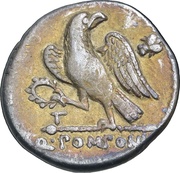 Denarius Pomponia: Quintus Pomponius Rufus; Q•POMPONI RVFVS; Jupiter, Rome, 73 BC reverse image